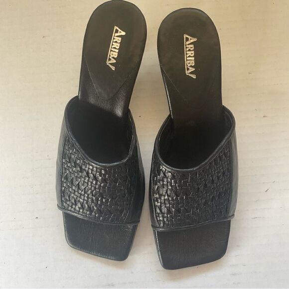 ARRIBA Women's Slide Sandals Leather Size 37 Square Toe Black - Picture 1 of 9